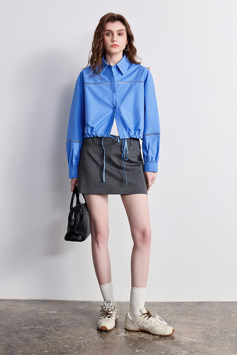 100% Cotton Cropped Button-Up Shirt with Drawstring Hem