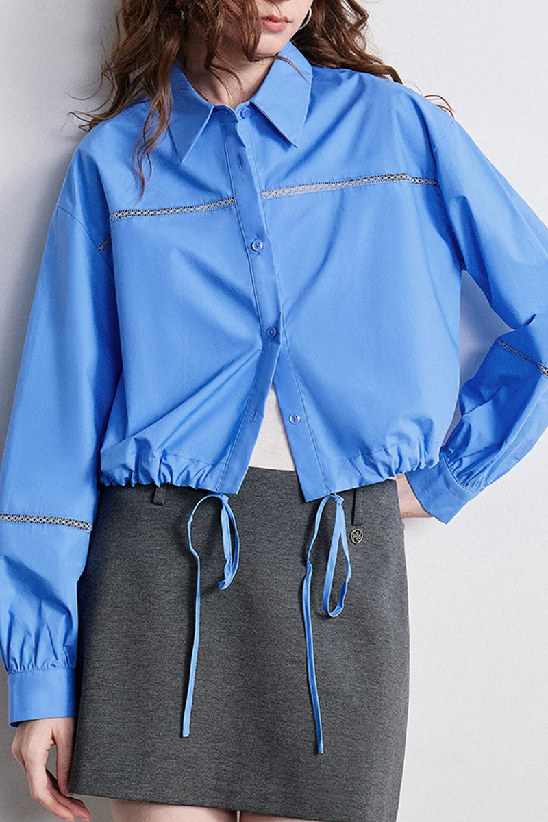 100% Cotton Cropped Button-Up Shirt with Drawstring Hem