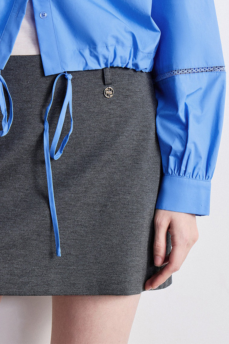 100% Cotton Cropped Button-Up Shirt with Drawstring Hem