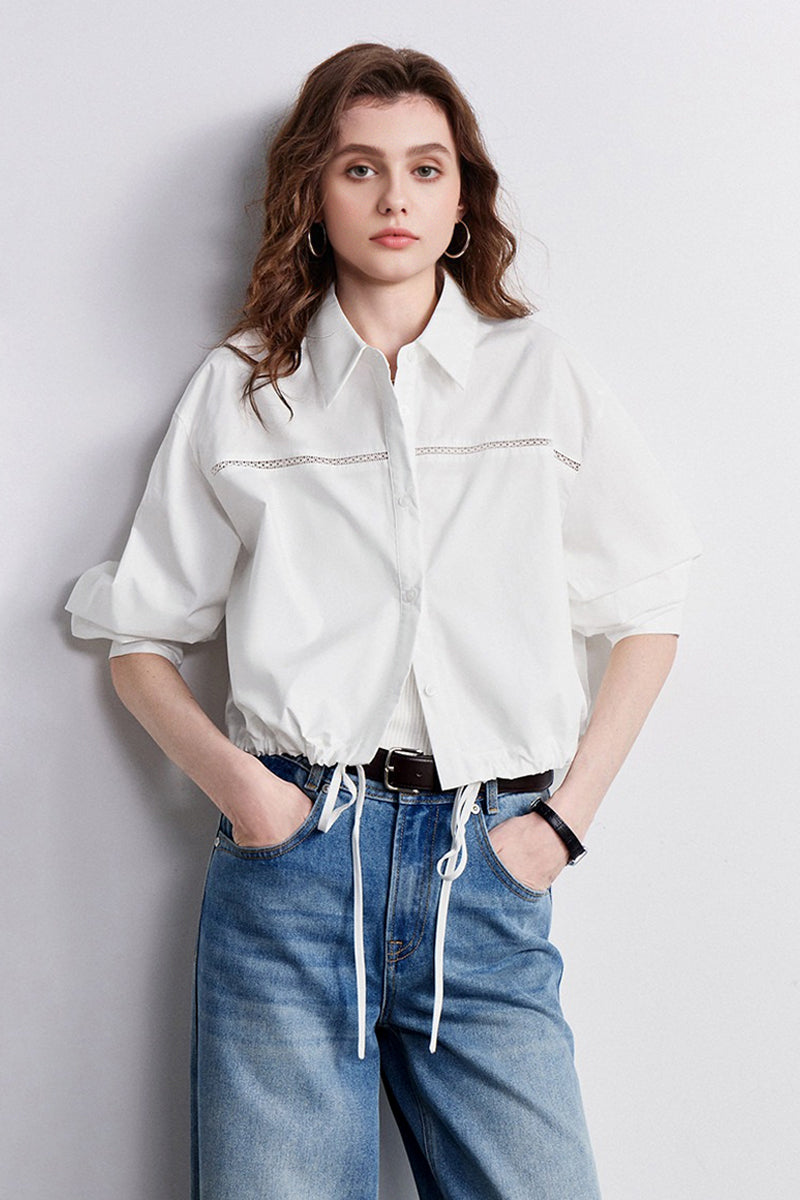 100% Cotton Cropped Button-Up Shirt with Drawstring Hem