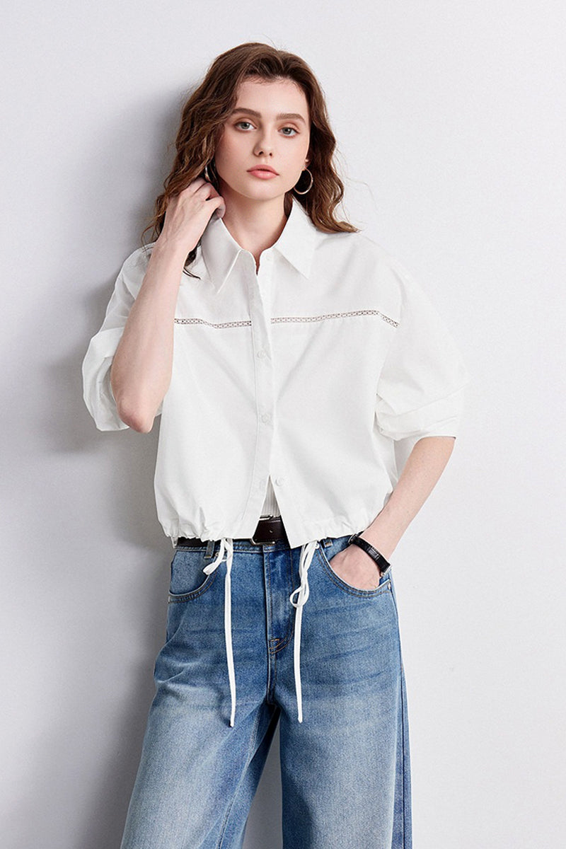 100% Cotton Cropped Button-Up Shirt with Drawstring Hem