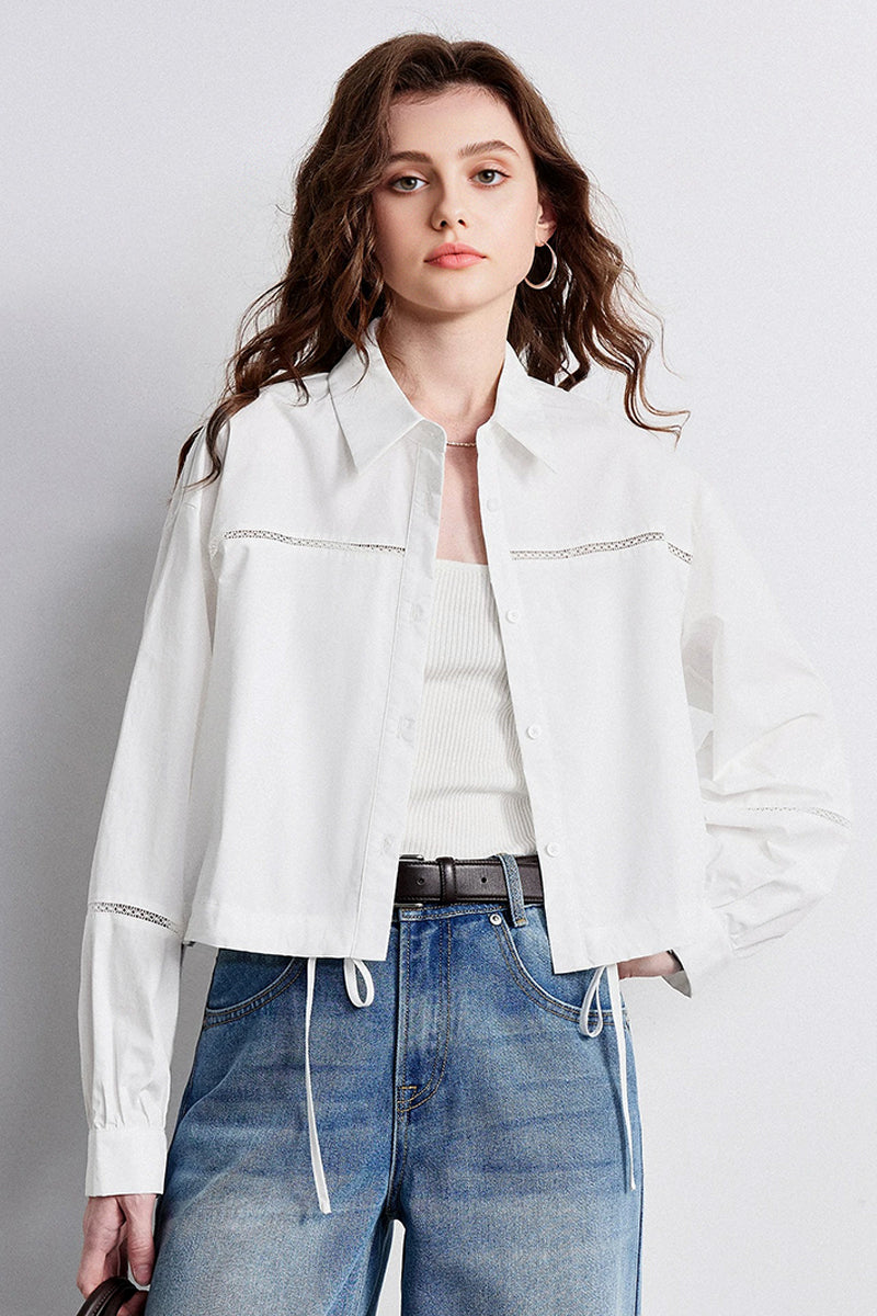 100% Cotton Cropped Button-Up Shirt with Drawstring Hem