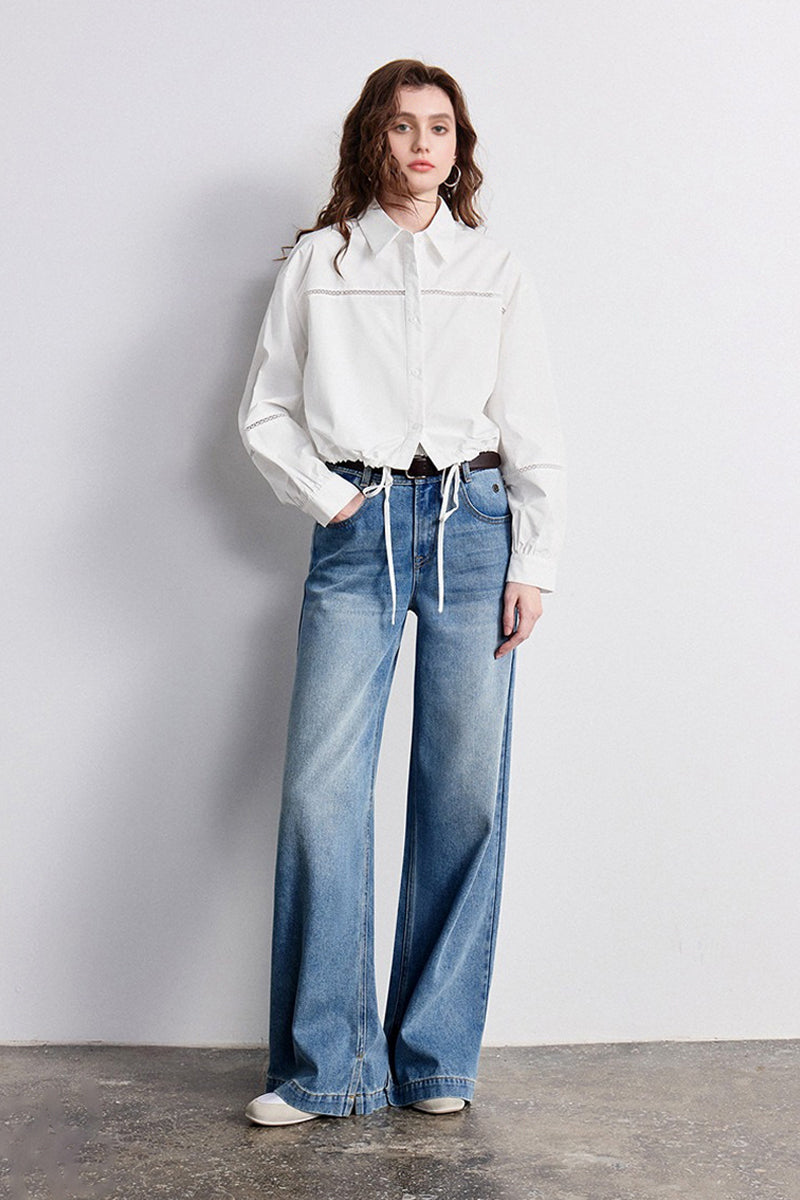 100% Cotton Cropped Button-Up Shirt with Drawstring Hem