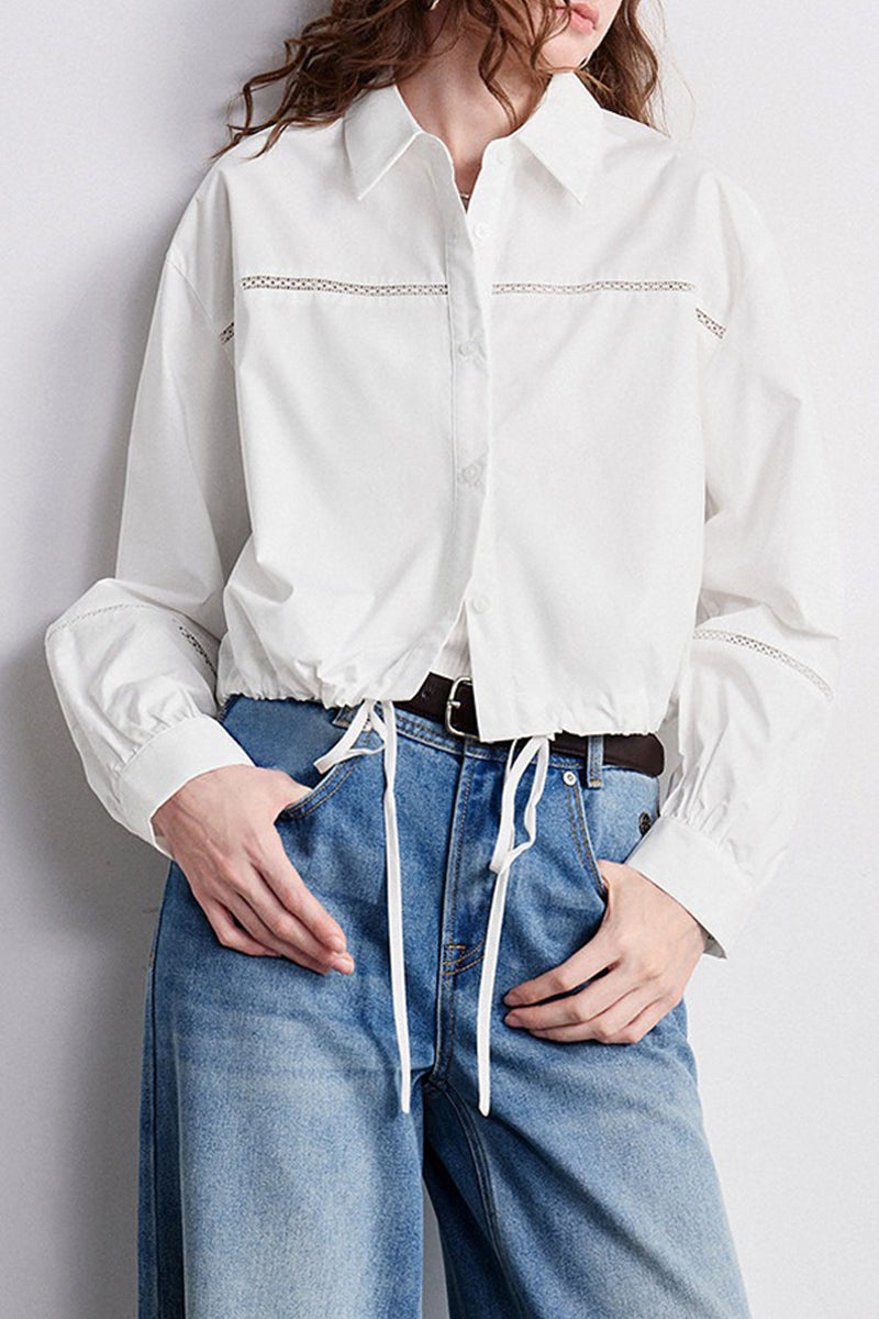 100% Cotton Cropped Button-Up Shirt with Drawstring Hem
