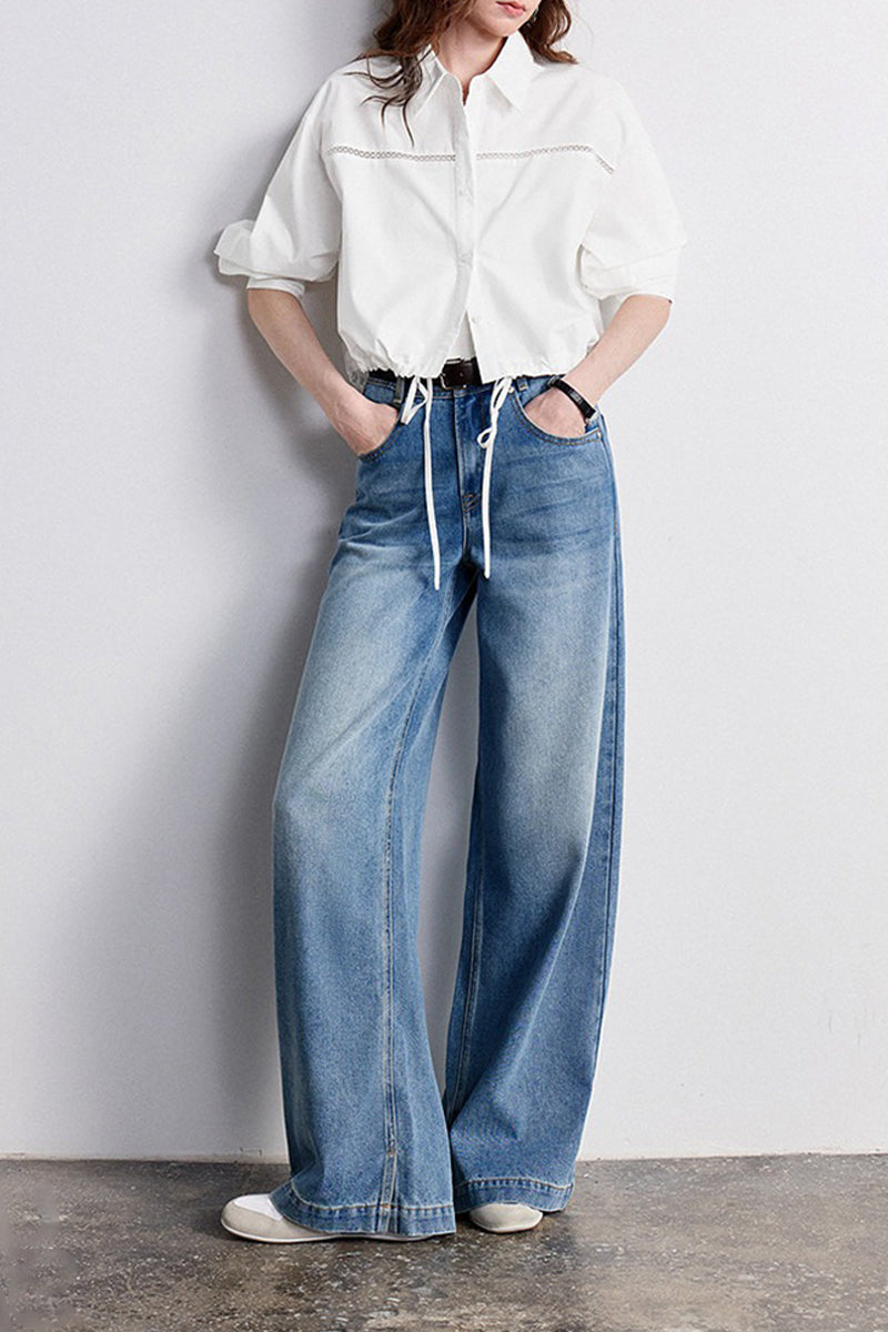 100% Cotton Cropped Button-Up Shirt with Drawstring Hem