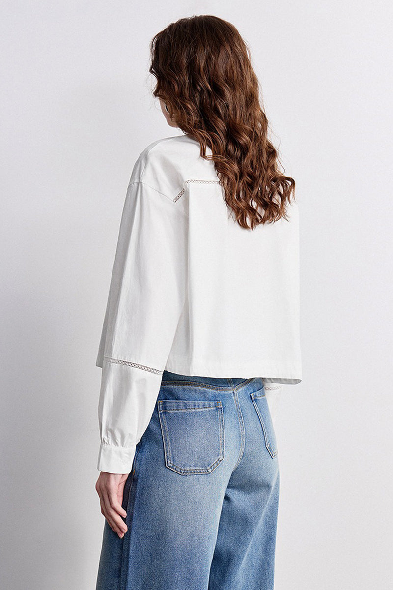 100% Cotton Cropped Button-Up Shirt with Drawstring Hem