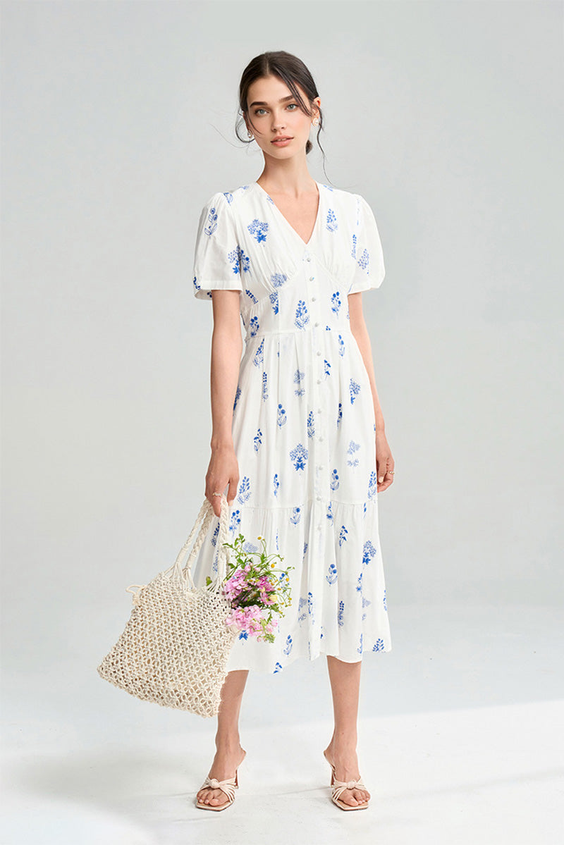 100 Cotton Floral Empire Waist A-Line Midi Sundress