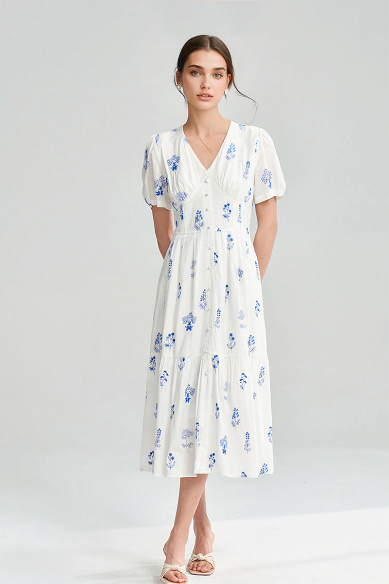 100 Cotton Floral Empire Waist A-Line Midi Sundress