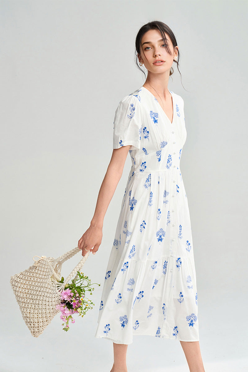 100 Cotton Floral Empire Waist A-Line Midi Sundress