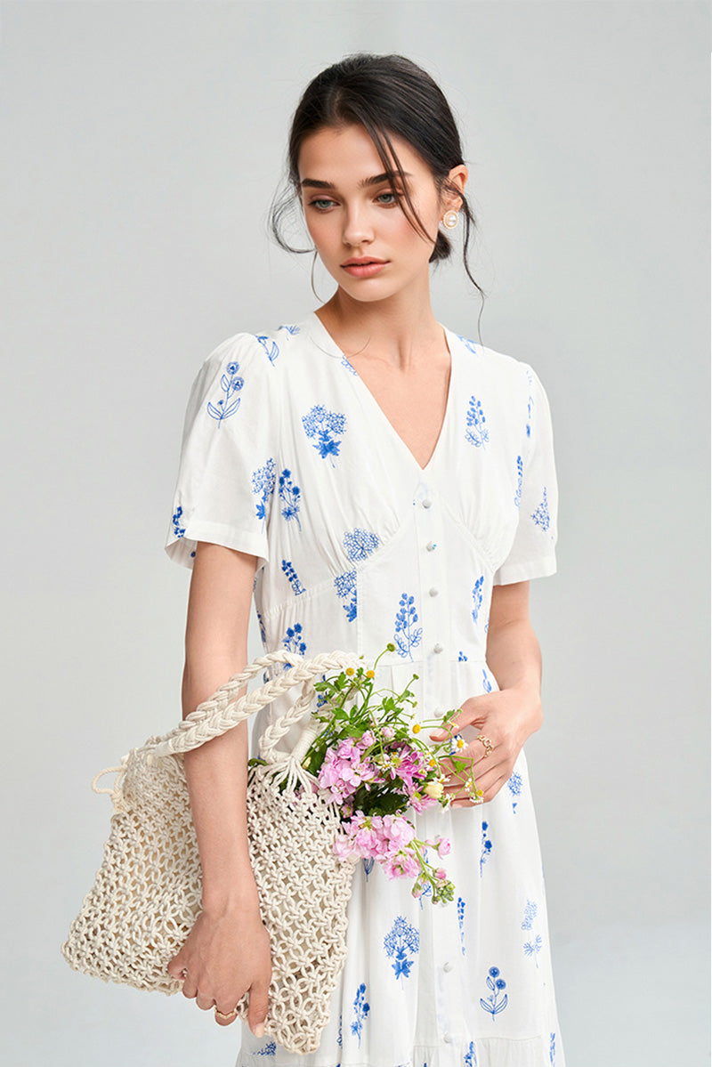 100 Cotton Floral Empire Waist A-Line Midi Sundress