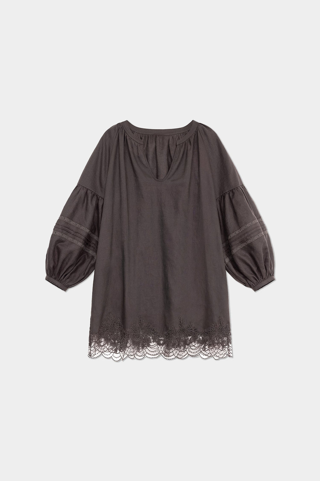 100% European Linen Embroidered 3/4 Balloon Sleeve Blouse