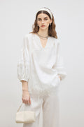 100% European Linen Embroidered 3/4 Balloon Sleeve Blouse