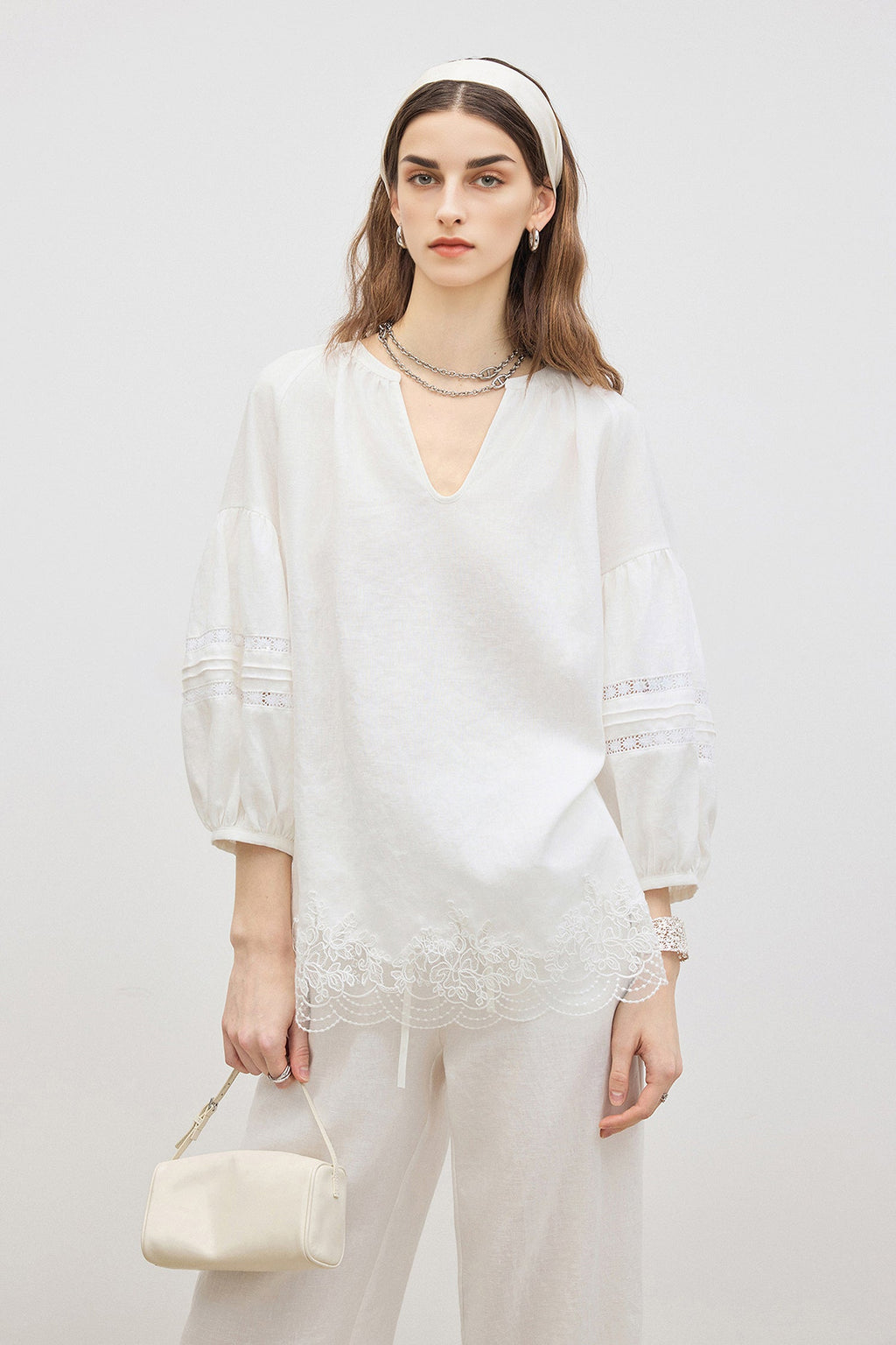 100% European Linen Embroidered 3/4 Balloon Sleeve Blouse