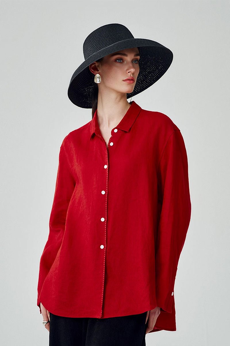 100 French Linen Casual Loose Button-Down Drop-Shoulder Shirt