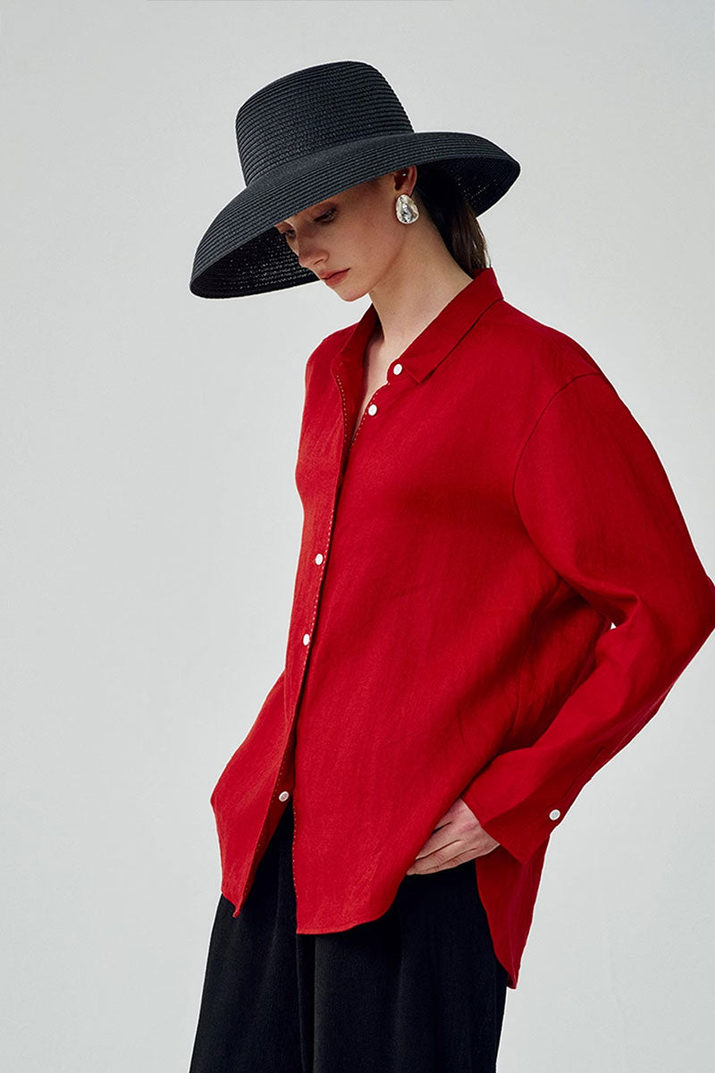 100 French Linen Casual Loose Button-Down Drop-Shoulder Shirt