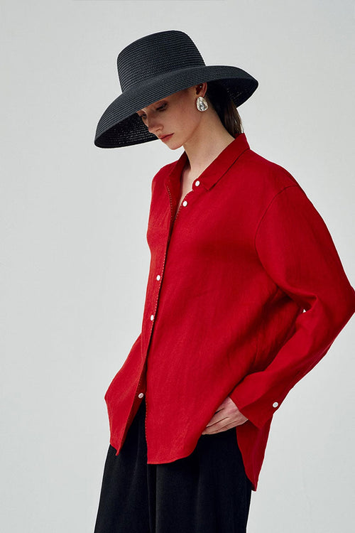100 French Linen Casual Loose Button-Down Drop-Shoulder Shirt
