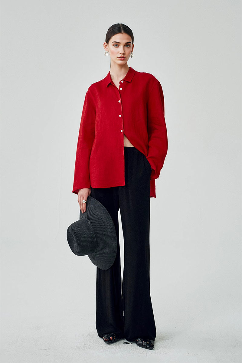 100 French Linen Casual Loose Button-Down Drop-Shoulder Shirt