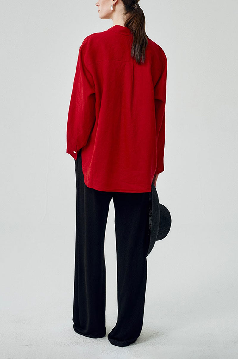 100 French Linen Casual Loose Button-Down Drop-Shoulder Shirt