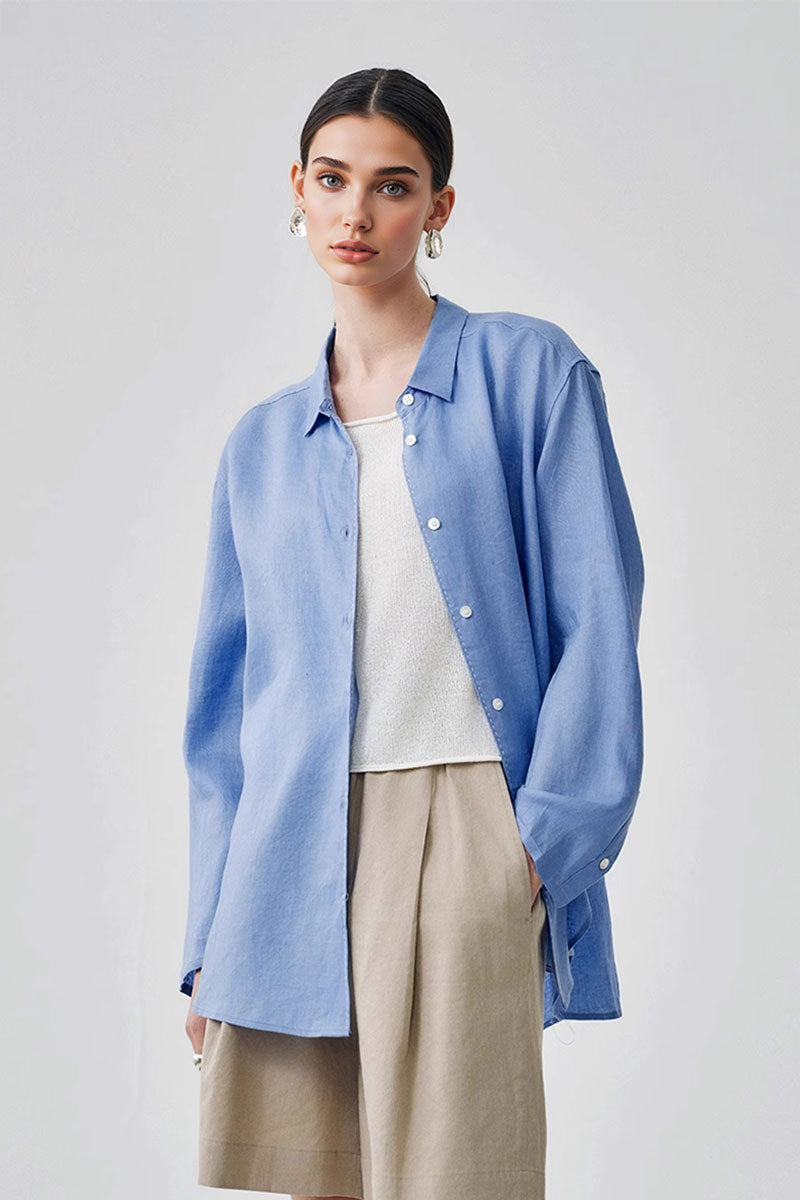 100 French Linen Casual Loose Button-Down Drop-Shoulder Shirt