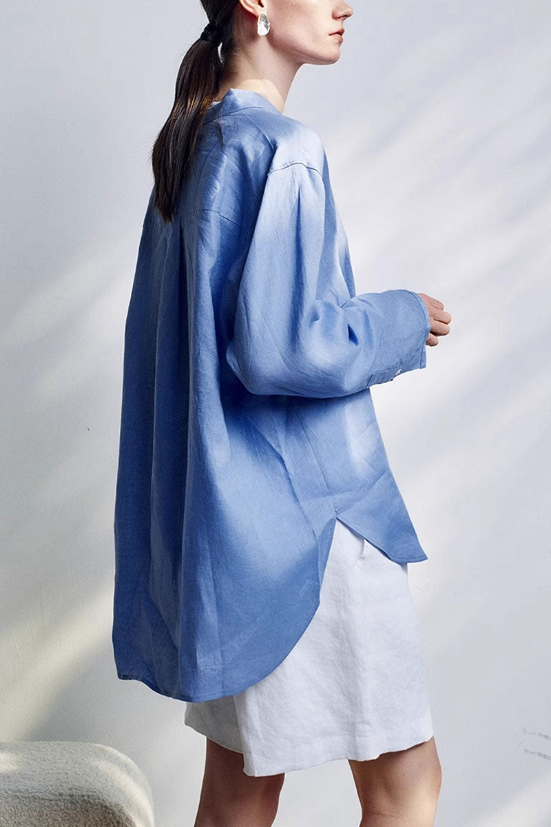 100 French Linen Casual Loose Button-Down Drop-Shoulder Shirt