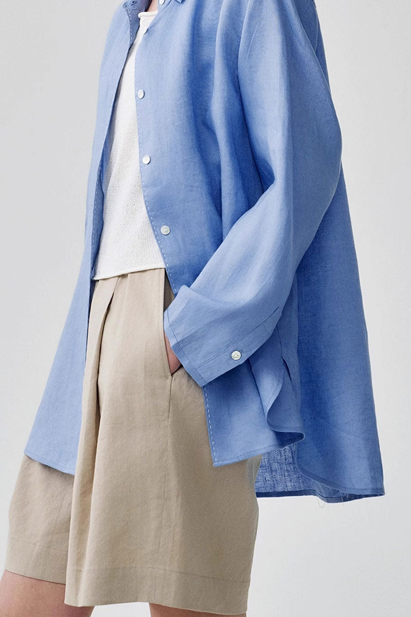 100 French Linen Casual Loose Button-Down Drop-Shoulder Shirt
