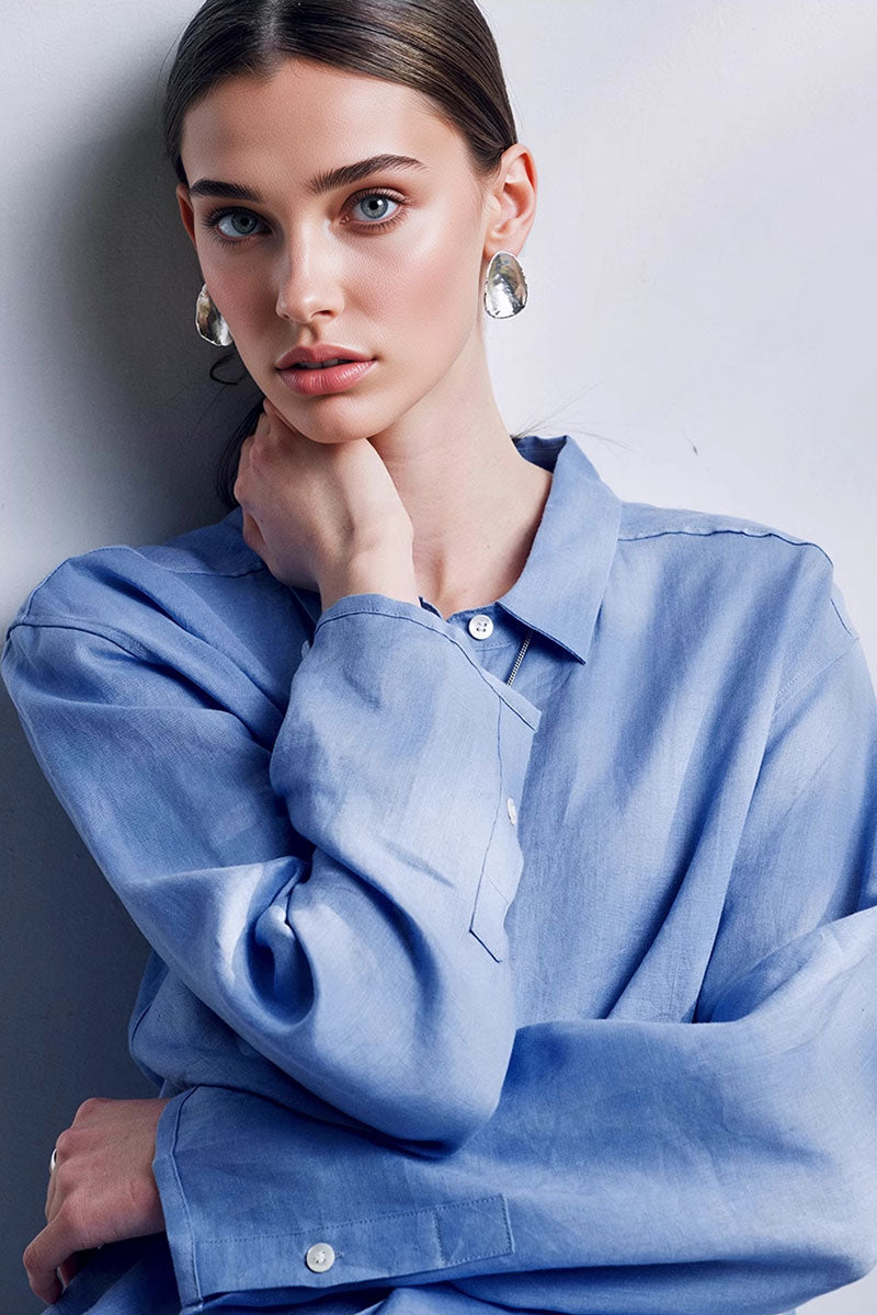 100 French Linen Casual Loose Button-Down Drop-Shoulder Shirt
