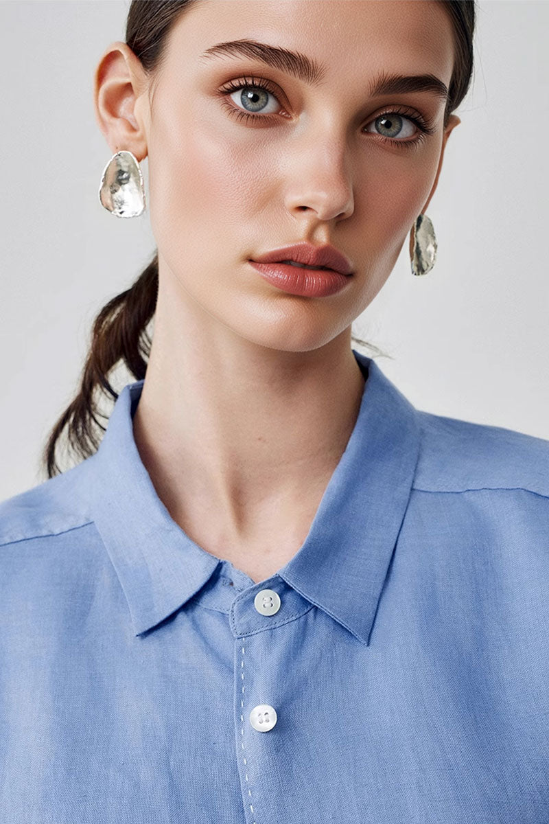 100 French Linen Casual Loose Button-Down Drop-Shoulder Shirt