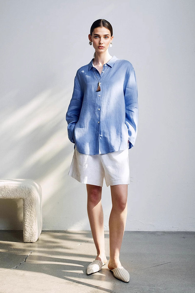 100 French Linen Casual Loose Button-Down Drop-Shoulder Shirt