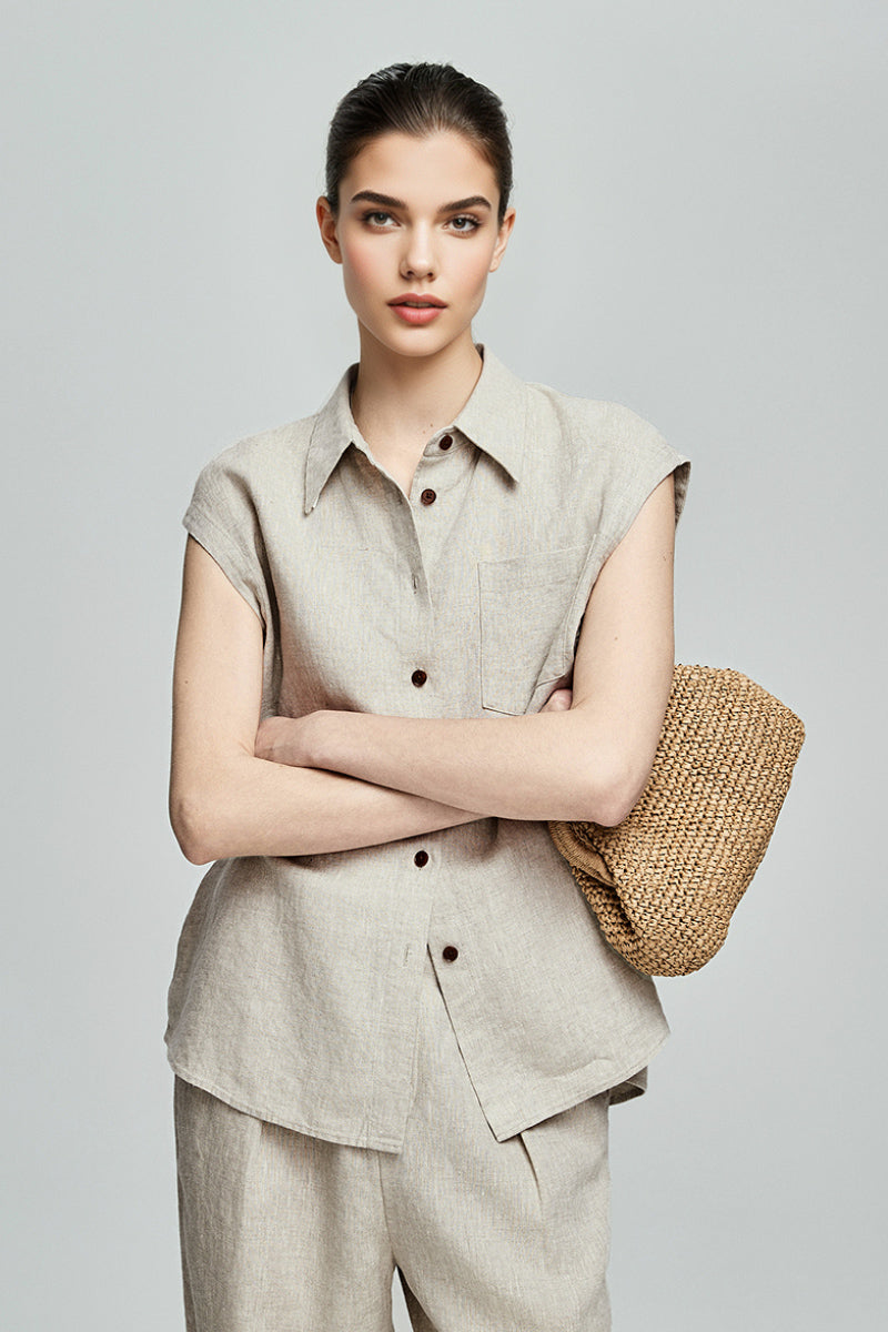 100 French Linen Casual Loose Button-up Cap-Sleeve Shirt