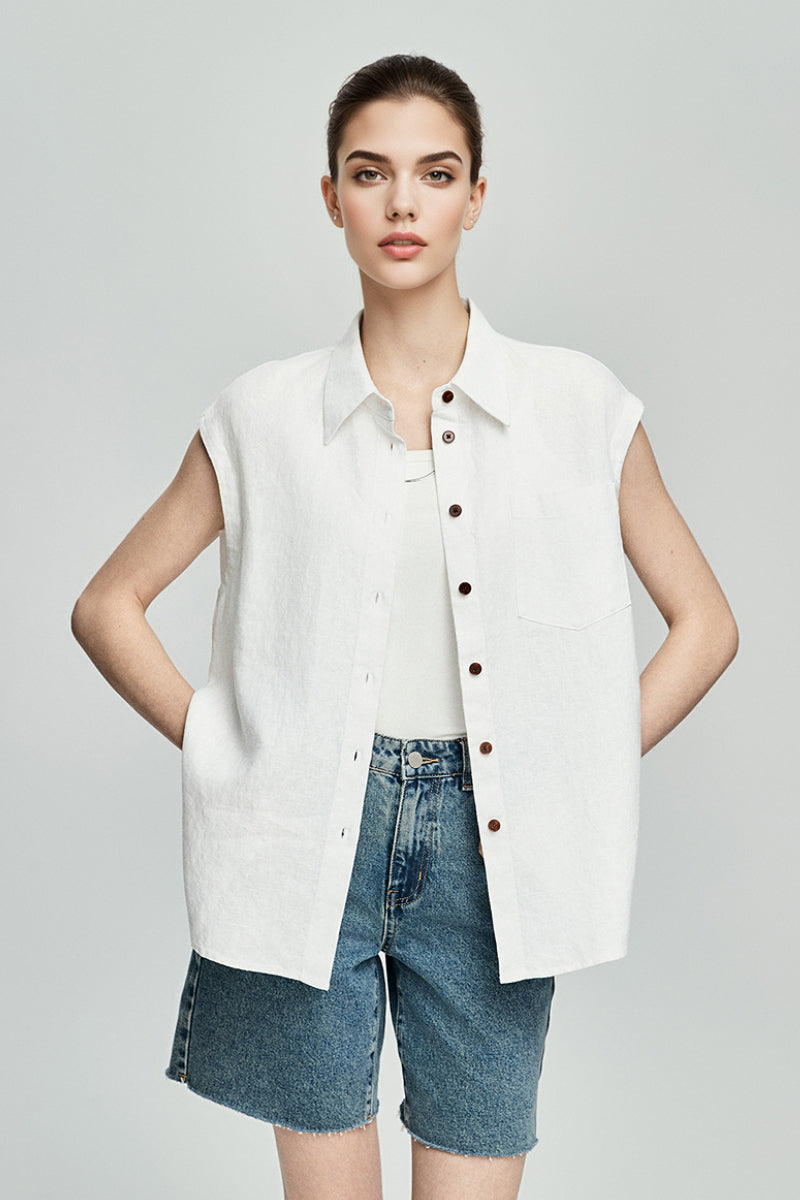 100 French Linen Casual Loose Button-up Cap-Sleeve Shirt