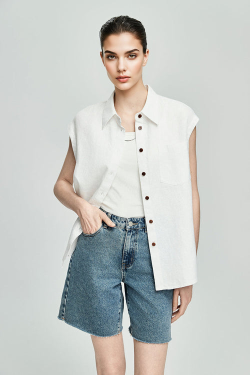 100 French Linen Casual Loose Button-up Cap-Sleeve Shirt