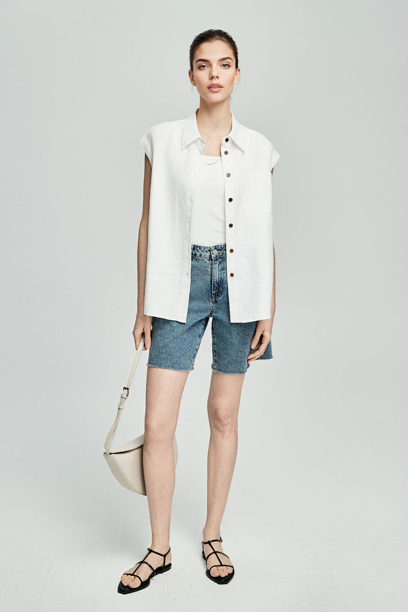 100 French Linen Casual Loose Button-up Cap-Sleeve Shirt