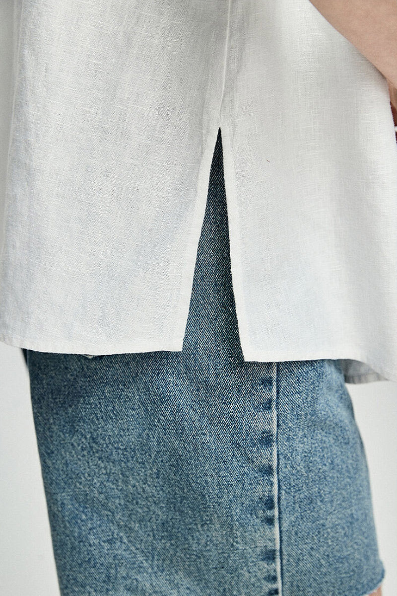 100 French Linen Casual Loose Button-up Cap-Sleeve Shirt