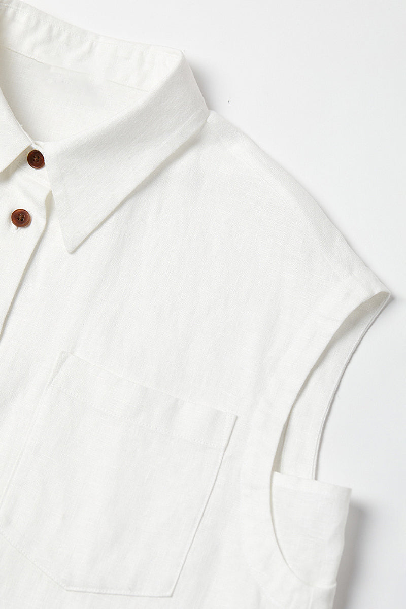 100 French Linen Casual Loose Button-up Cap-Sleeve Shirt