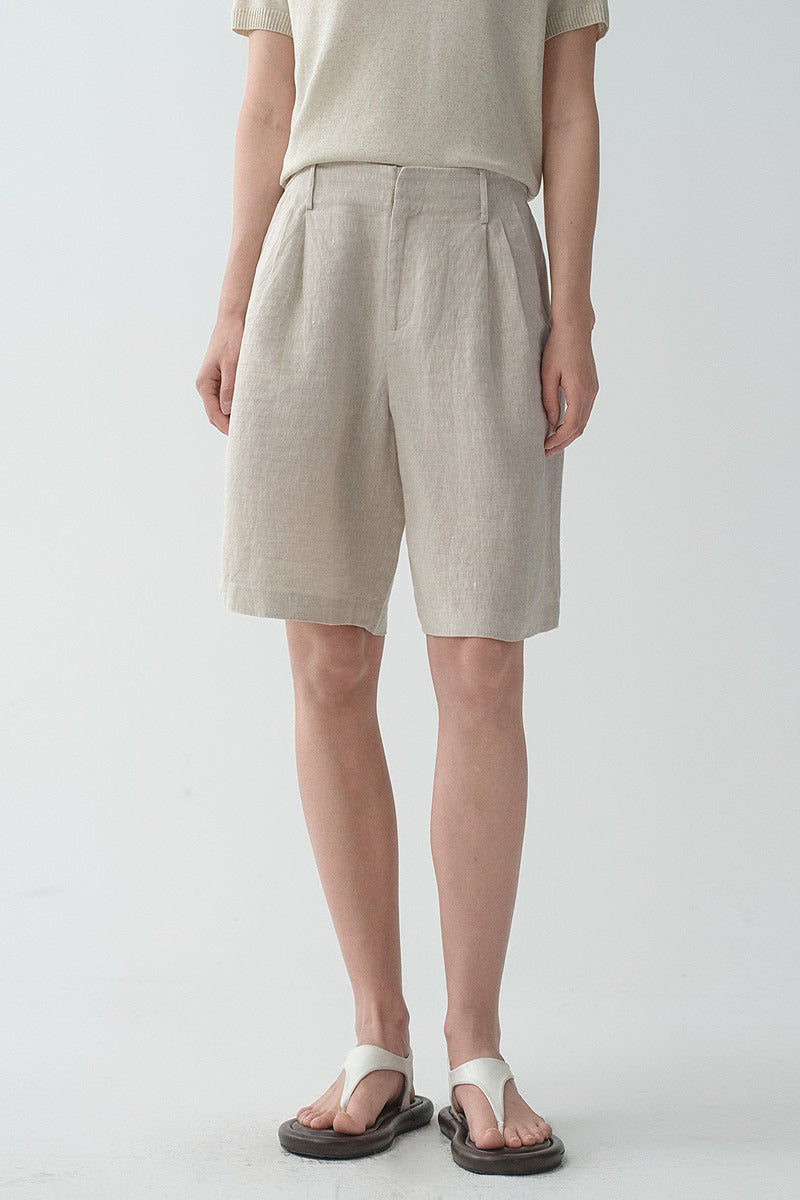 100 French Linen High-Waisted Wide-Leg Pleated Shorts
