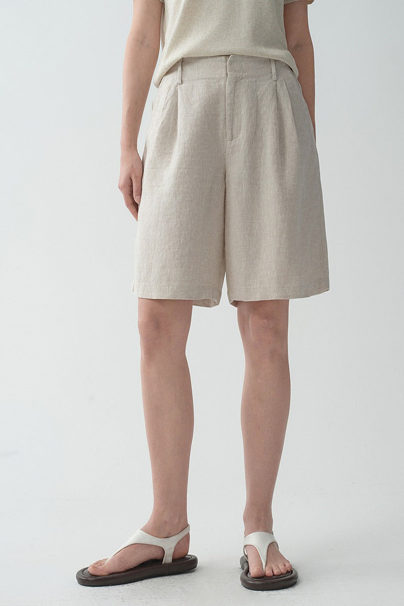 100 French Linen High-Waisted Wide-Leg Pleated Shorts