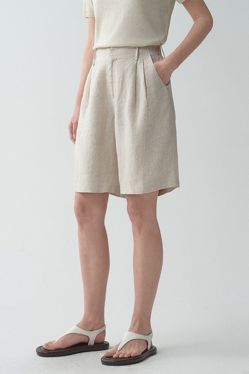 100 French Linen High-Waisted Wide-Leg Pleated Shorts