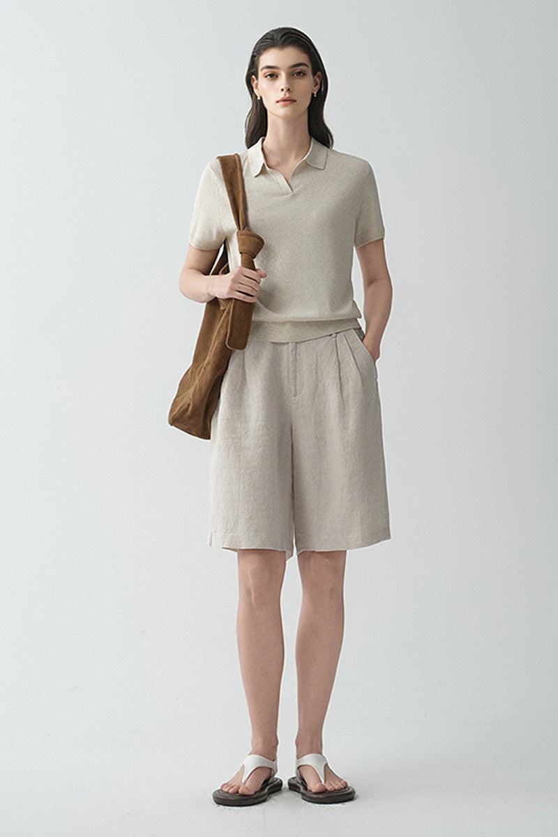 100 French Linen High-Waisted Wide-Leg Pleated Shorts