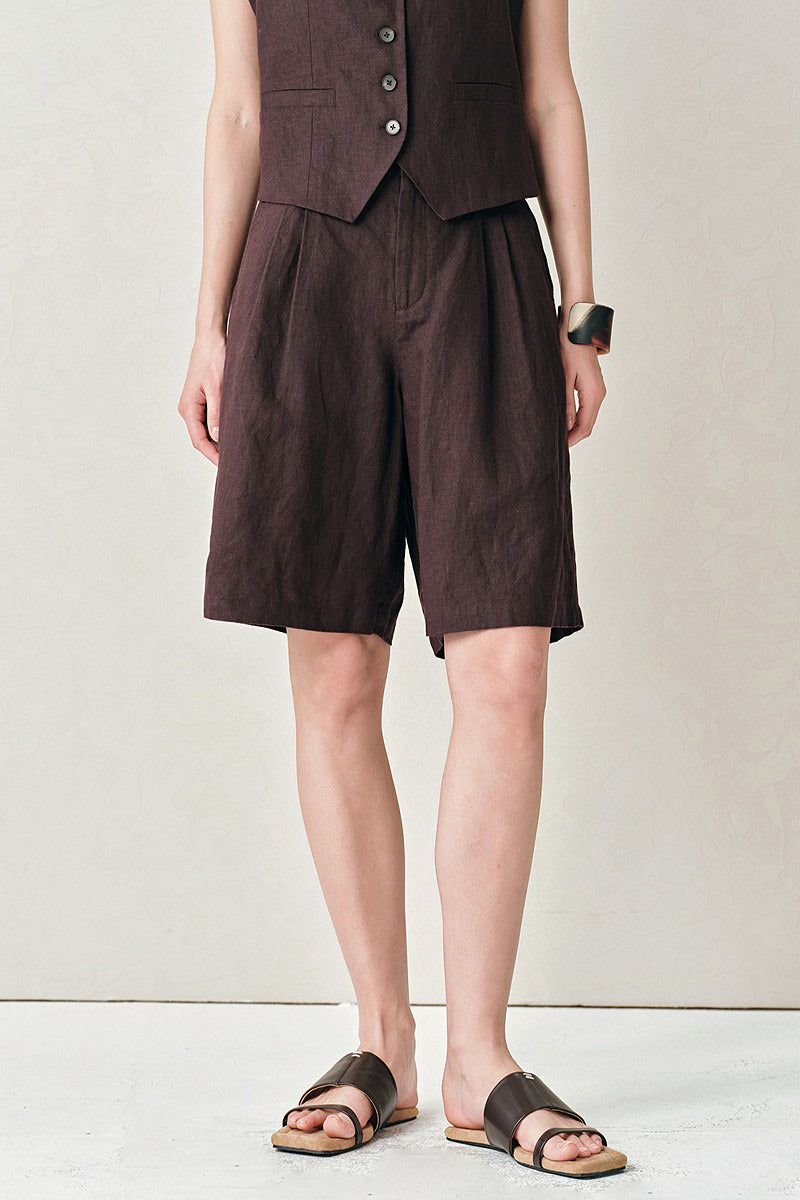 100 French Linen High-Waisted Wide-Leg Pleated Shorts