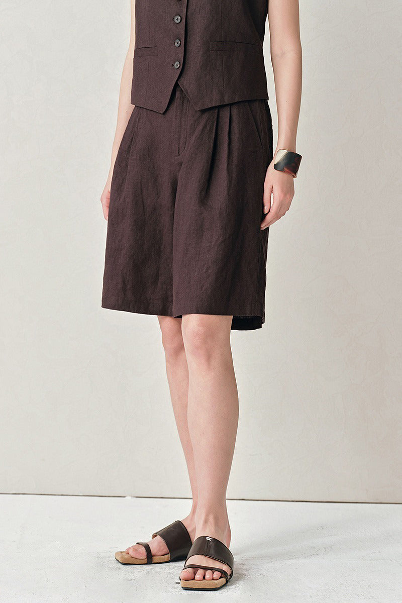100 French Linen High-Waisted Wide-Leg Pleated Shorts