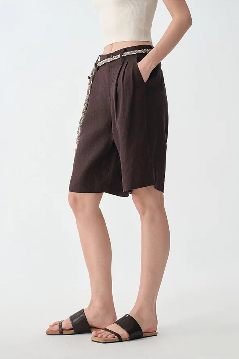 100 French Linen High-Waisted Wide-Leg Pleated Shorts