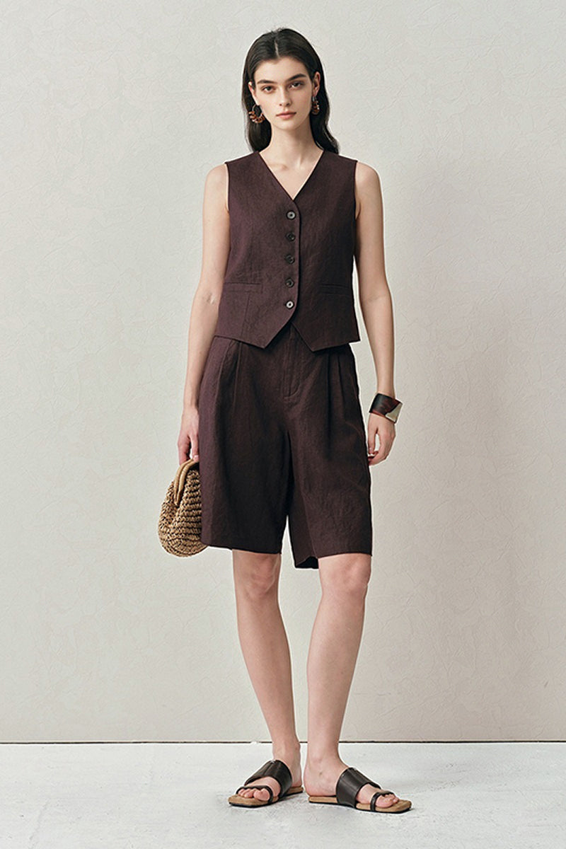 100 French Linen High-Waisted Wide-Leg Pleated Shorts