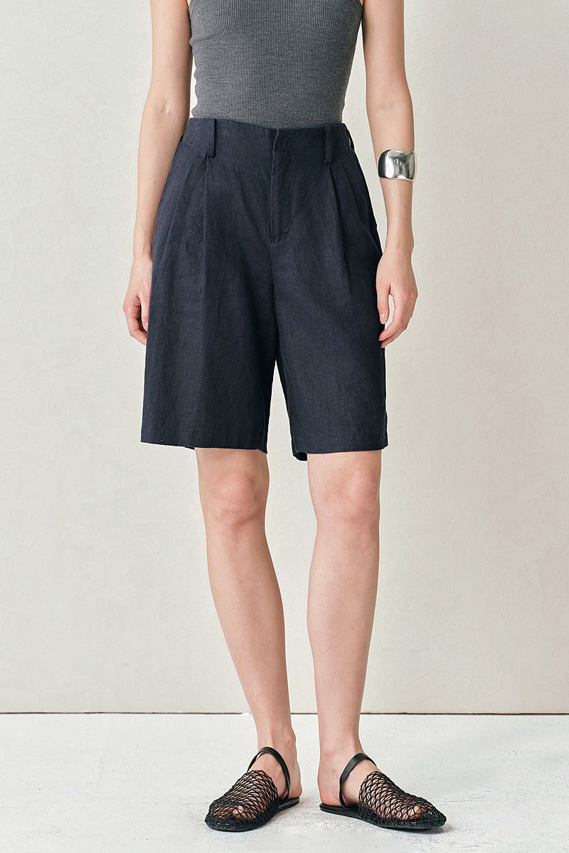 100 French Linen High-Waisted Wide-Leg Pleated Shorts