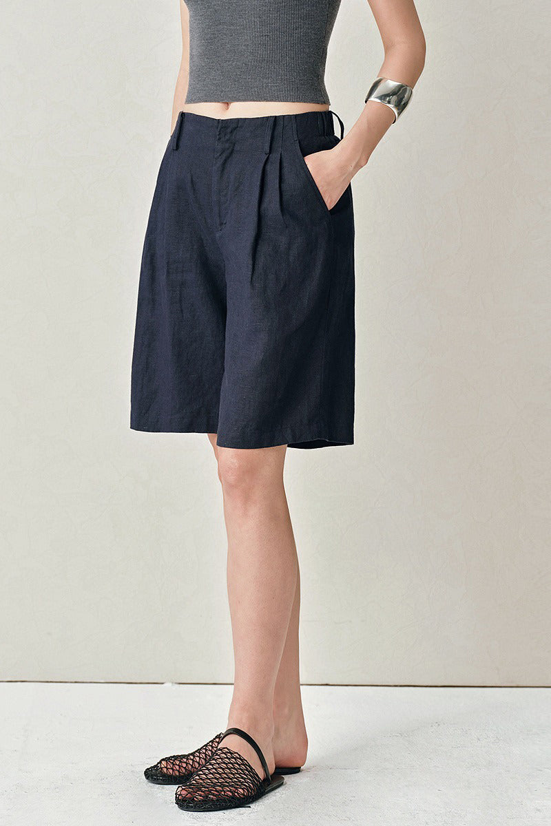 100 French Linen High-Waisted Wide-Leg Pleated Shorts