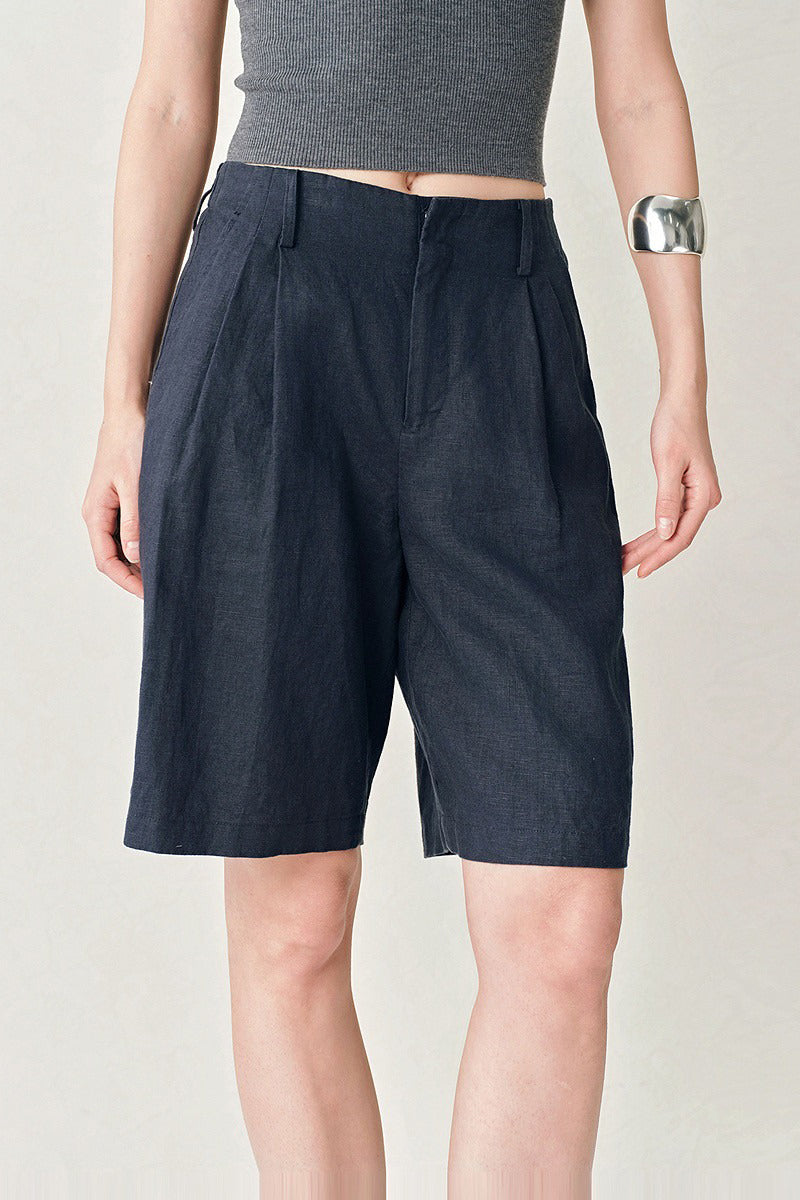 100 French Linen High-Waisted Wide-Leg Pleated Shorts