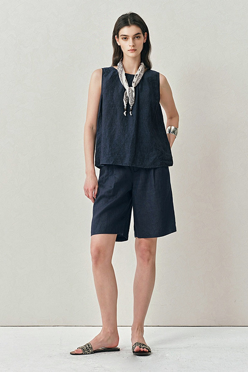 100 French Linen High-Waisted Wide-Leg Pleated Shorts