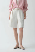 100 French Linen High-Waisted Wide-Leg Pleated Shorts