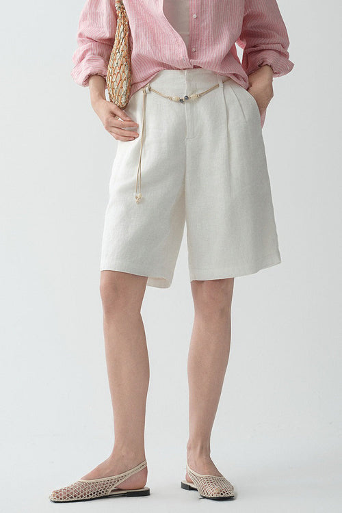 100 French Linen High-Waisted Wide-Leg Pleated Shorts