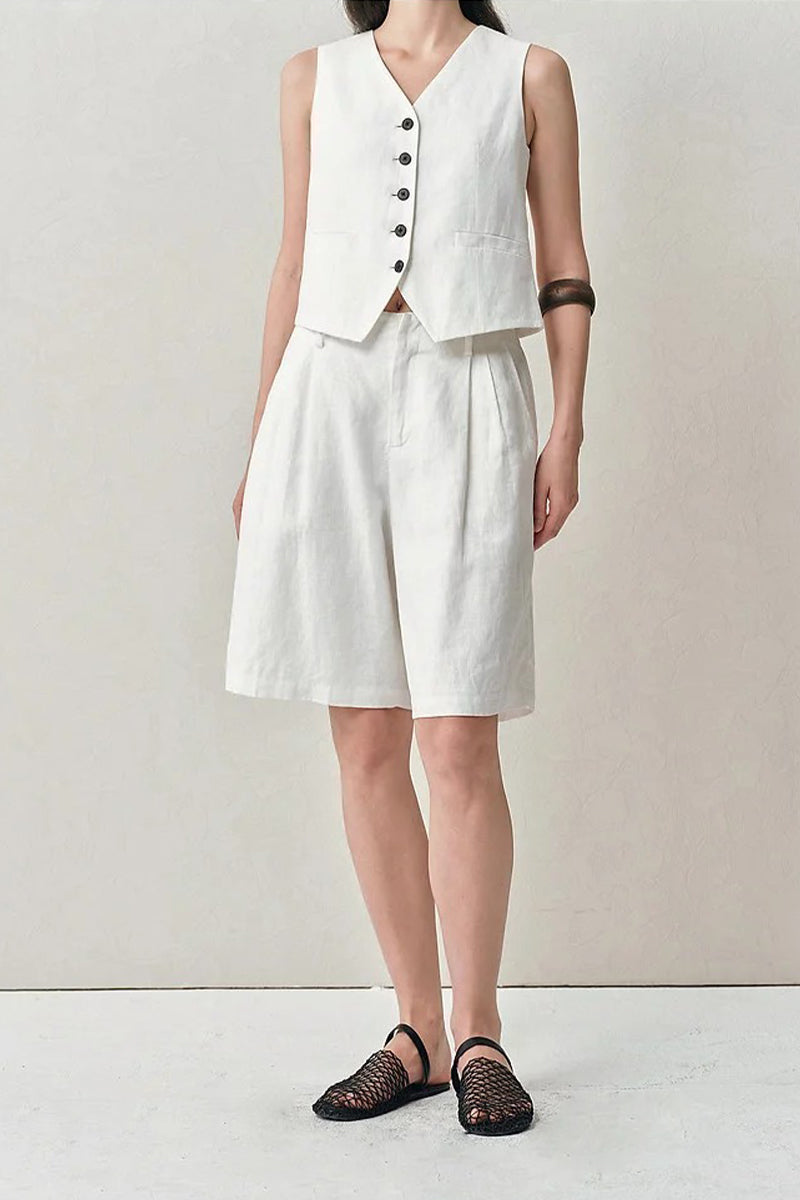 100 French Linen High-Waisted Wide-Leg Pleated Shorts