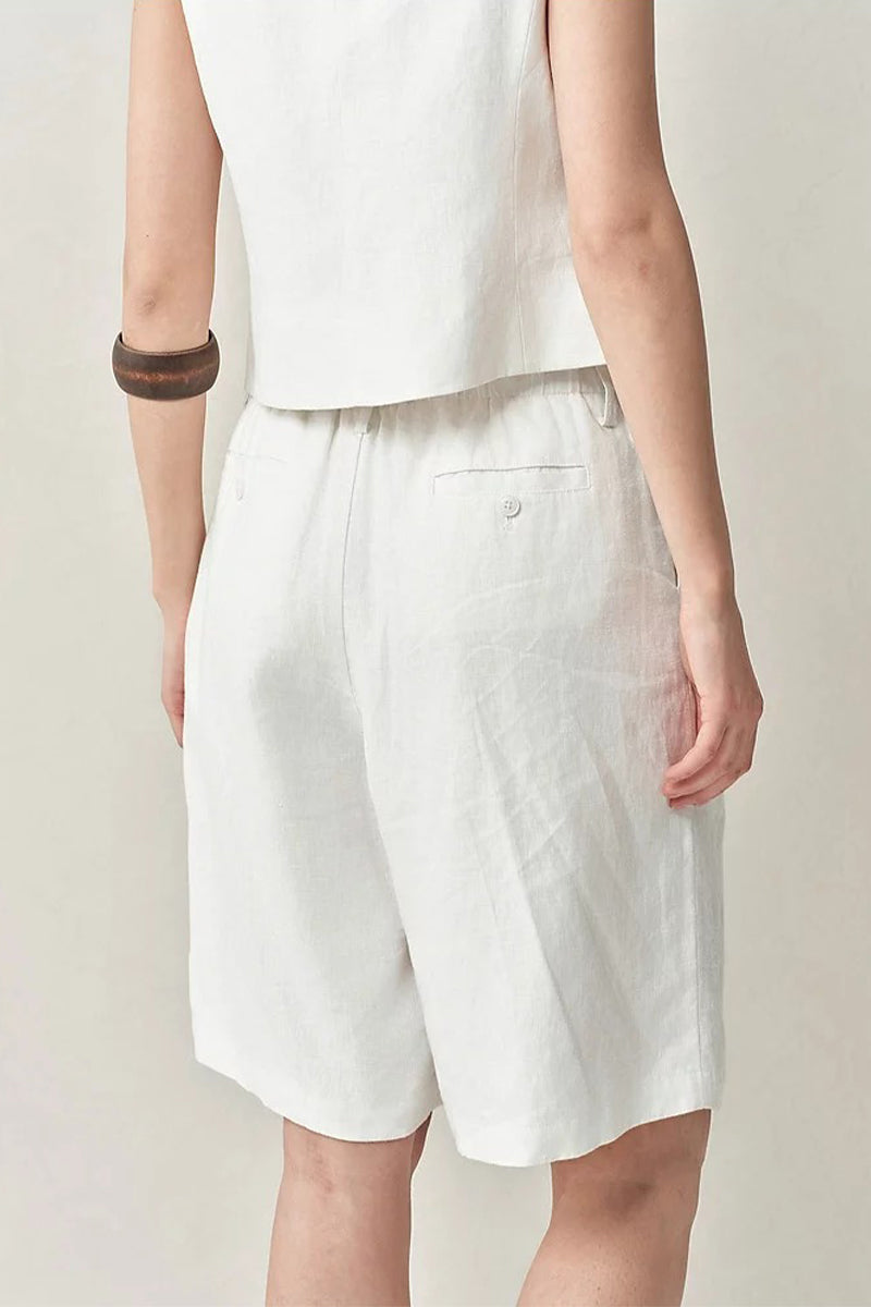 100 French Linen High-Waisted Wide-Leg Pleated Shorts